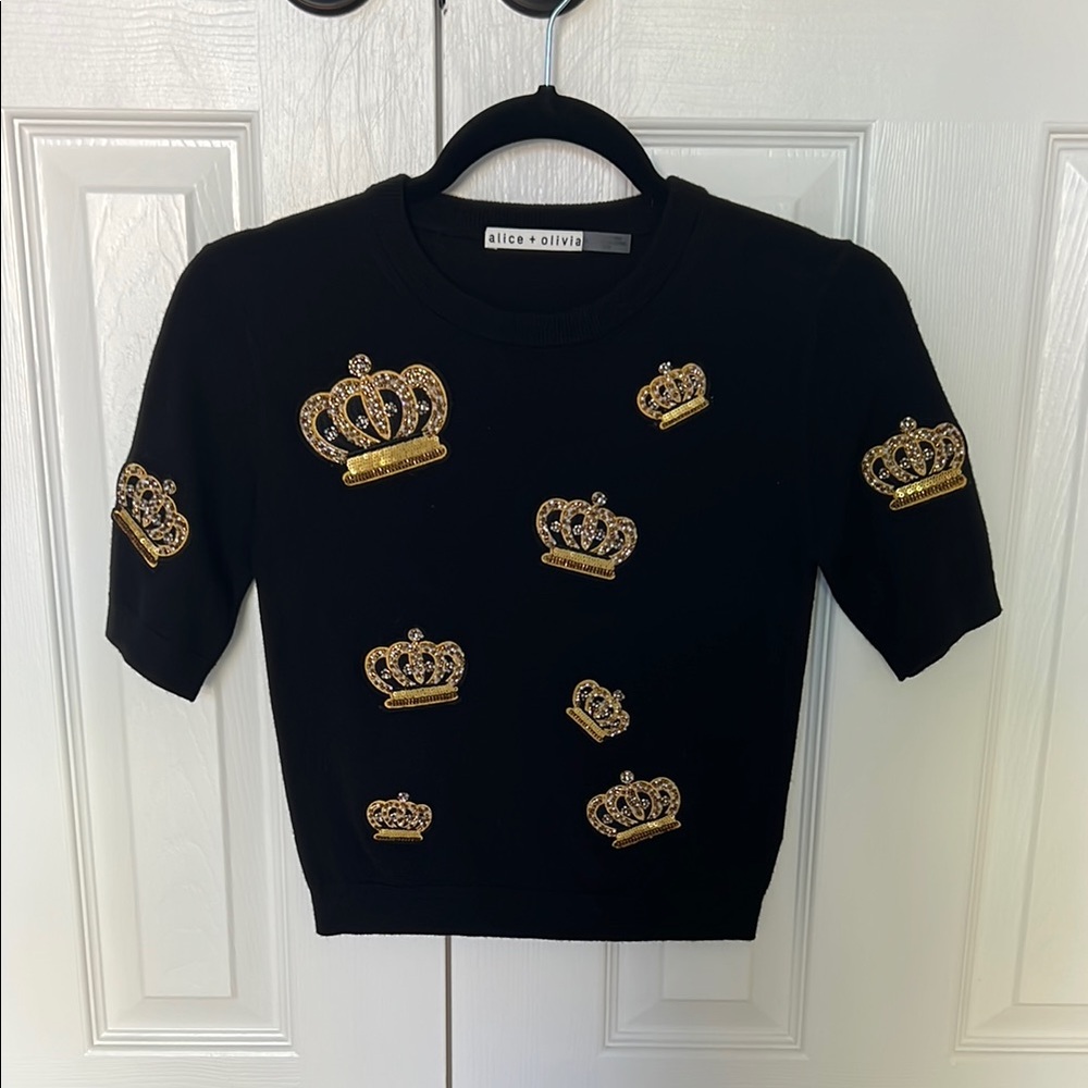 Alice + Olivia Black and Gold Crown Tee